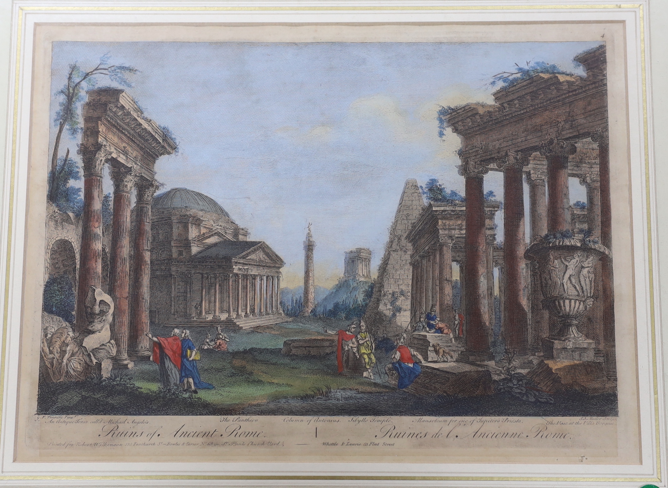 After Giovanni Paolo Panini (Italian, 1691-1765), four hand coloured engravings, Views of Ancient Rome, publ. Whittle & Laurie, 29 x 40cm